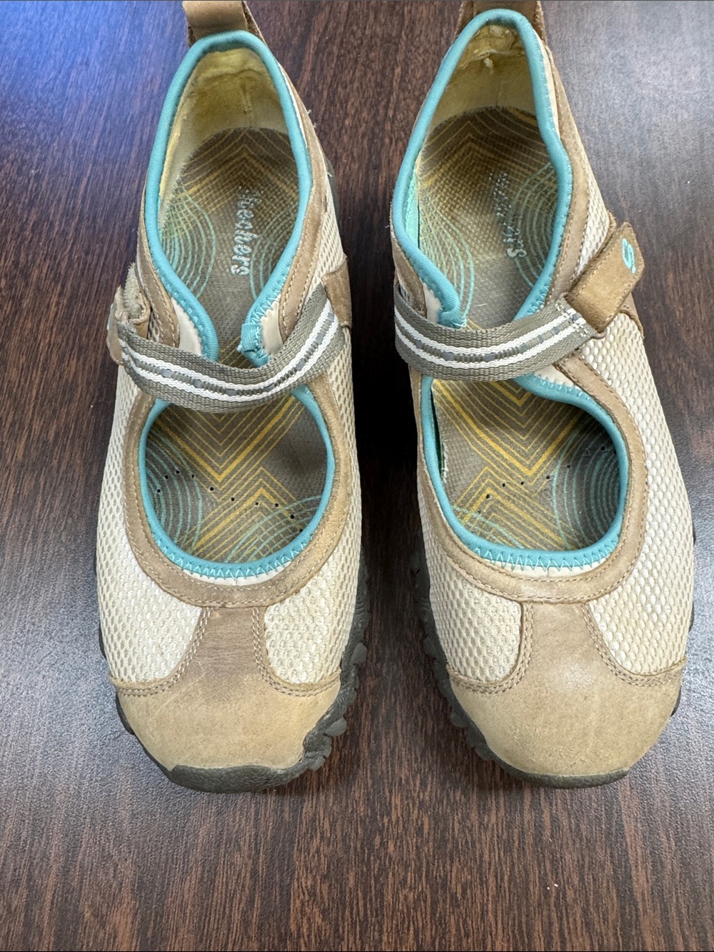 Skechers Beige Tan Mary Jane Sport Shoes with Light Blue Trim